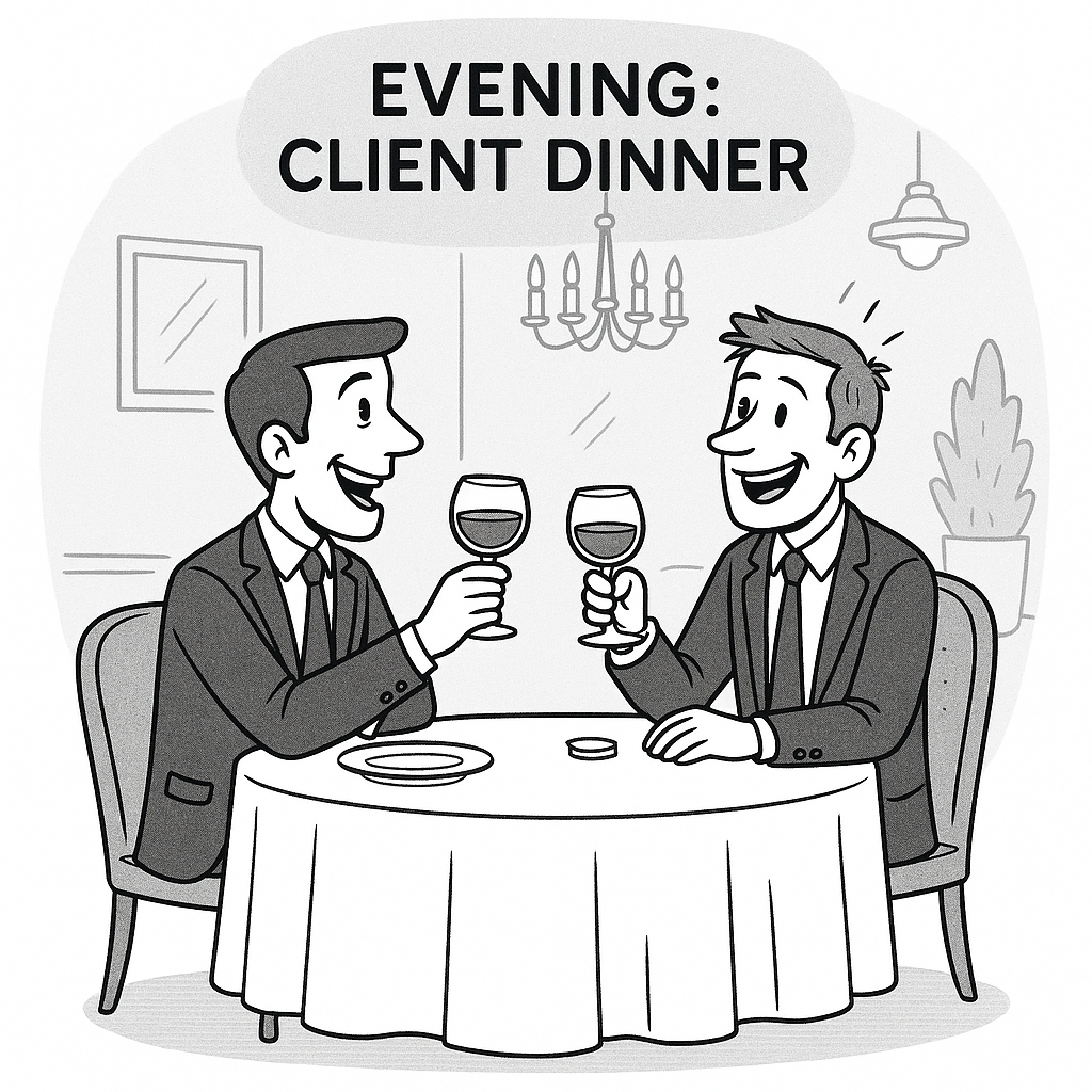 Evening client dinner with wine glasses and happy conversation